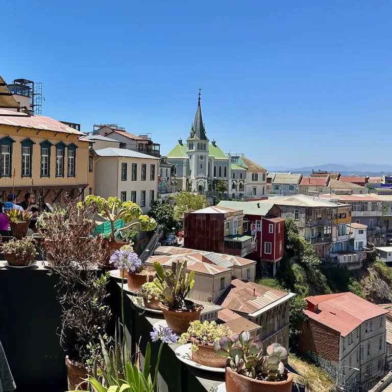 Terraza de restaurante en Valparaíso con personas almorzando, plantas suculentas y vista panorámica de los cerros y una